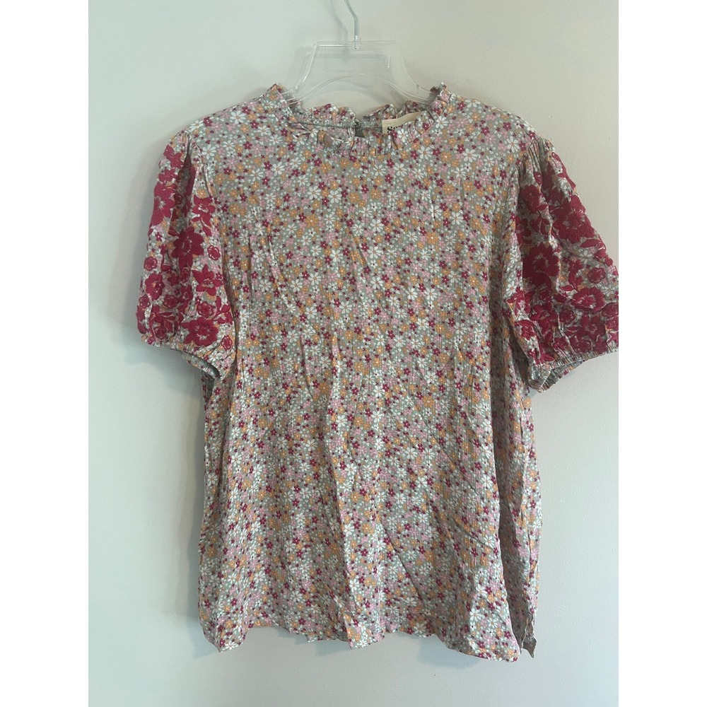 Savanna Jane Floral Mixed Print Puff Sleeve Blouse Ruffle Neck Boho Top Medium